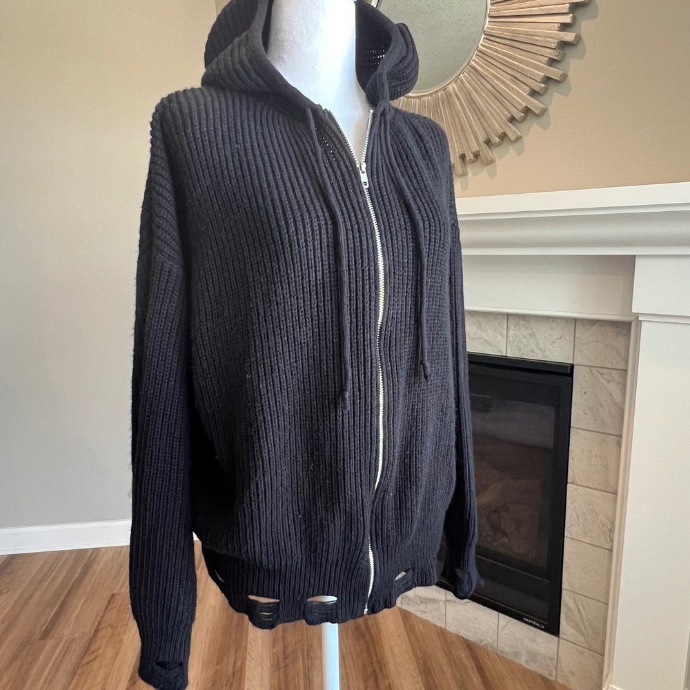 Fairy Grunge Distressed Hoodie Shredded Knit Full Zip Deconstructed Alt Large